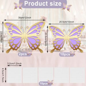 12 Pcs Large Butterfly Party Decoration Paper Butterfly Stickers in 2 Different Size 3D Butterfly Wall Mural Set Giant Butterfly for Birthday Baby Shower Nursery Bedroom Wedding(Gold and Purple)