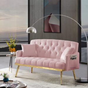 Antetek Upholstered Velvet Loveseat Sofa, Modern Small Sofa Couch with Side Pocket and Golden Metal Legs, Tufted Leisure Sofa for Living Room, Bedroom, Office, Pink