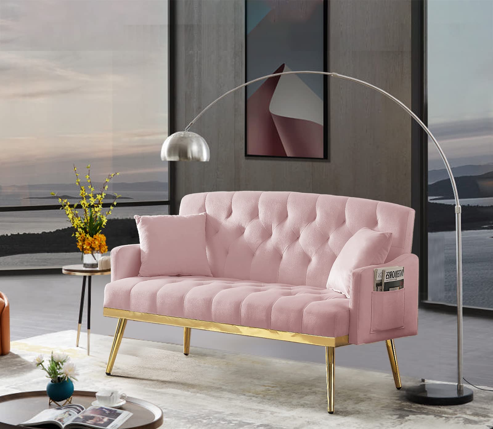 Antetek Upholstered Velvet Loveseat Sofa, Modern Small Sofa Couch with Side Pocket and Golden Metal Legs, Tufted Leisure Sofa for Living Room, Bedroom, Office, Pink