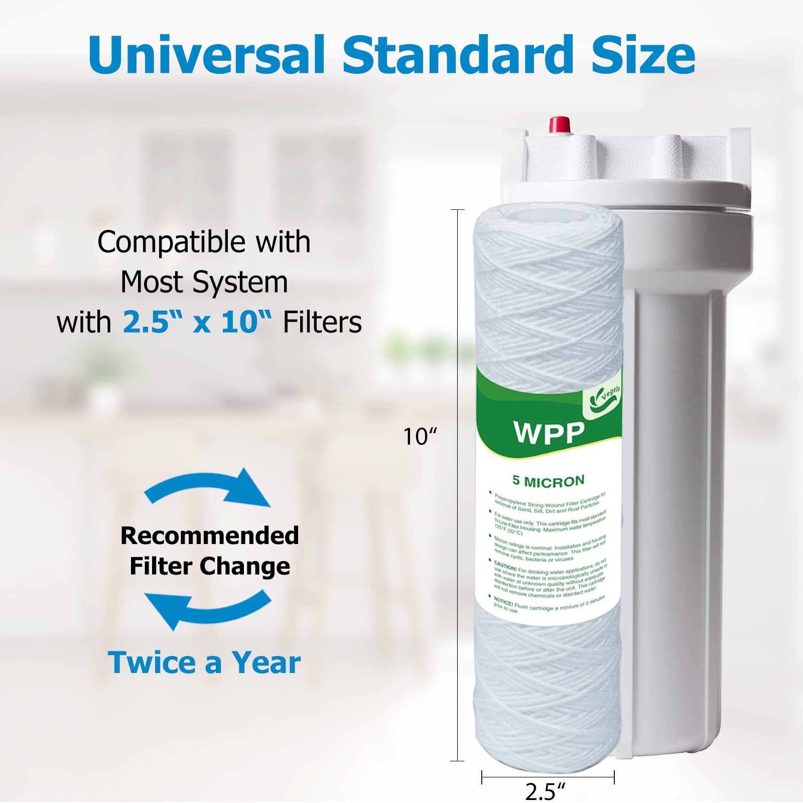 VEGEBE 5 Micron String Wound Whole House Water Filter 10" x 2.5", 10-inch Universal Sediment Pre-Filters for Well Water, Replacement Cartridge for FXWSC, CW-F, CW-MF, 1SS, W5W, AO-WH-PRE-R2, 6-Pack