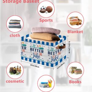 Summer Beach Storage Basket Waterproof Cube Storage Bin Organizer with Handles, Life is Better at the Lake Blue Plaid Wooden Collapsible Storage Cubes Bins for Clothes Books Toys 15"x11"x9.5", 2 Pcs