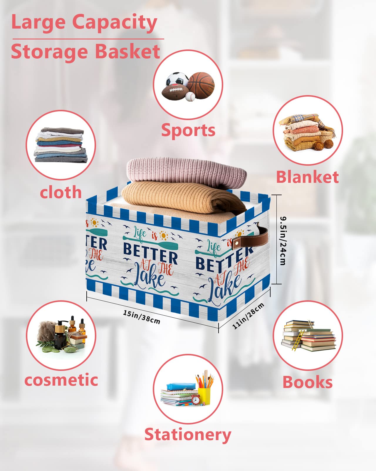 Summer Beach Storage Basket Waterproof Cube Storage Bin Organizer with Handles, Life is Better at the Lake Blue Plaid Wooden Collapsible Storage Cubes Bins for Clothes Books Toys 15"x11"x9.5", 2 Pcs