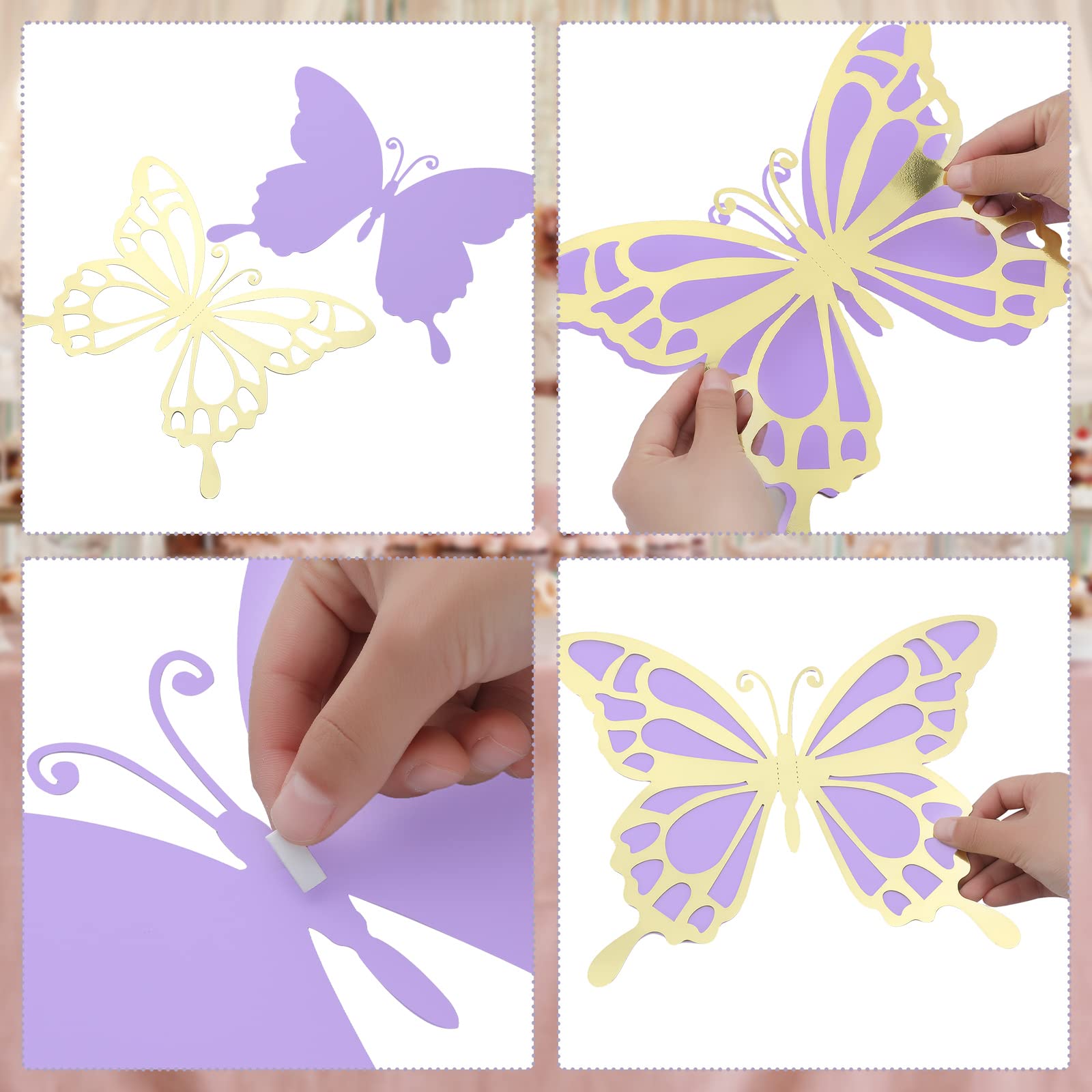 12 Pcs Large Butterfly Party Decoration Paper Butterfly Stickers in 2 Different Size 3D Butterfly Wall Mural Set Giant Butterfly for Birthday Baby Shower Nursery Bedroom Wedding(Gold and Purple)