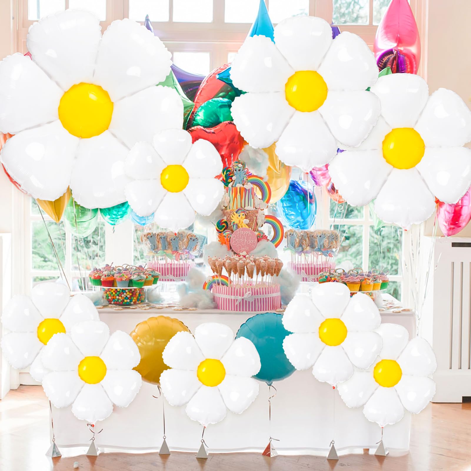 Daisy Balloons- 14Pcs Daisy Flower Foil Balloons for One or Two Groovy Party Decorations Girls Daisy Themed Birthday Party Baby Shower Wedding Daisy Balloons Decorations White