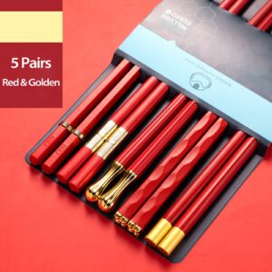 5 Pairs Chopsticks Reusable Fiberglass Dishwasher Safe, 9.57 inch/24.3cm Matte Non-Slip Family/ Hotel/ Restaurant Japanese Chinese Chop Sticks, Christmas & New Year Gift, Red&Gold