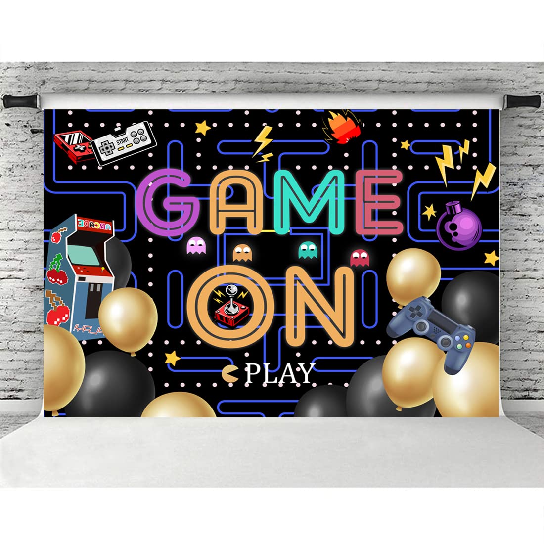 Lofaris Game On Backdrop Video Game Boys Birthday Photography Background Colorful Lights Party Supplies Kids Adults Gaming Party Decorations Baby Shower Cake Table Photo Booth 5x3ft