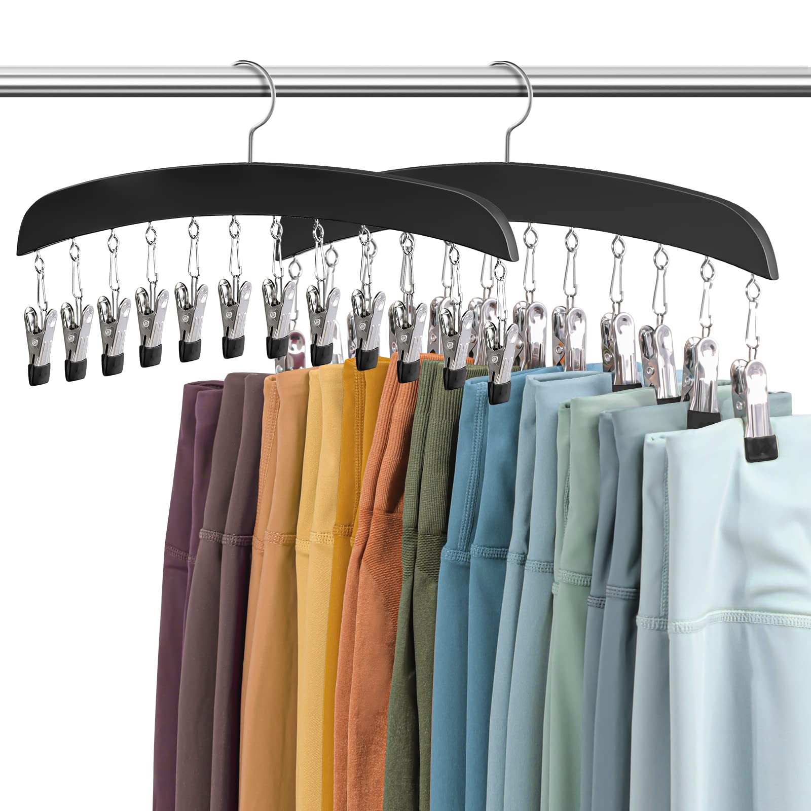 HOMEBROS Legging Organizer for Closet, HOMEBROS 2 Packs Wooden Closet Leggings Hanger Organizer with 24 Clips Space Saving Multi Clip Hanger with 360° Swivel Hook for Pants Scarfs Hats - Black