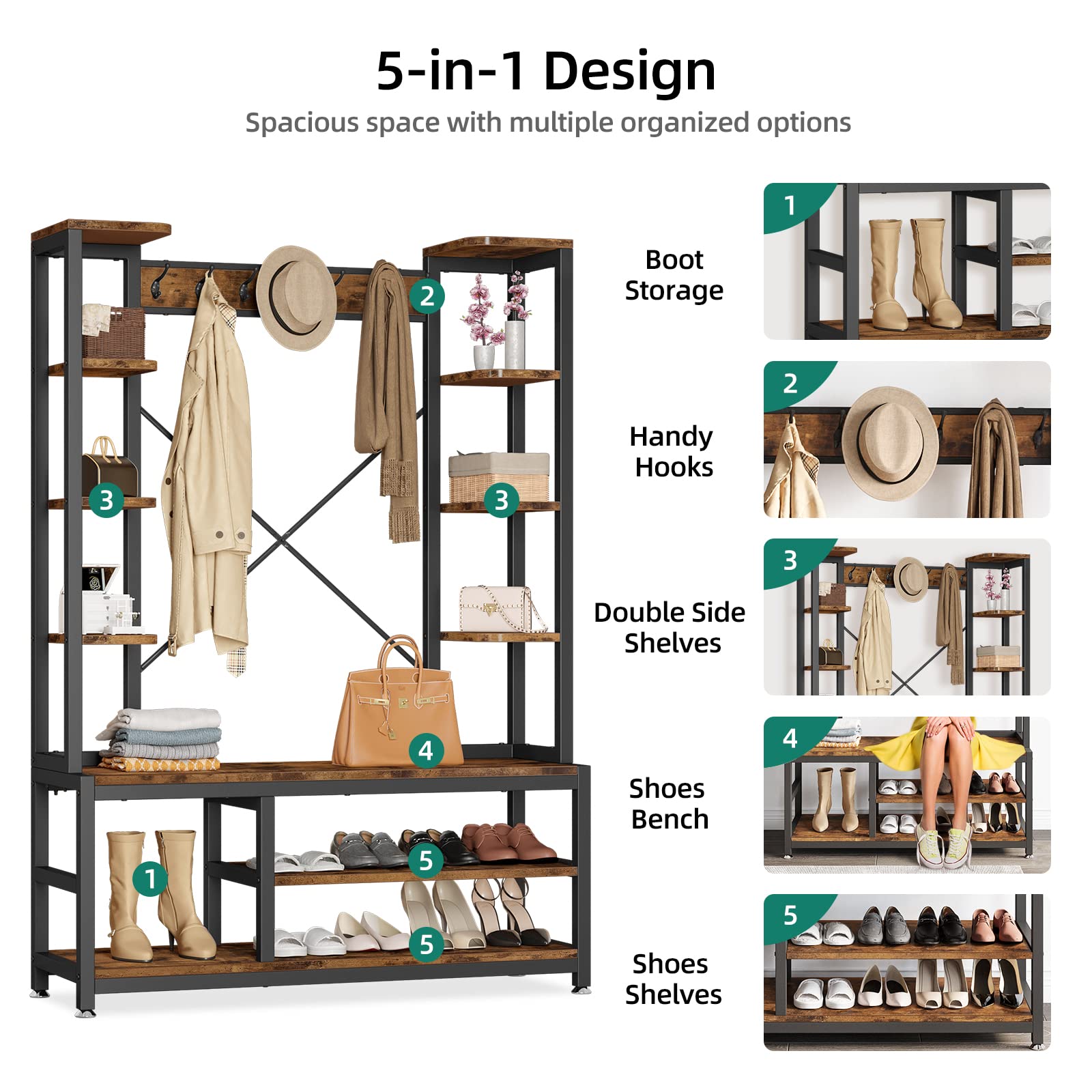 YITAHOME Entryway Hall Tree with Bench and Shoe Storage Shelves, 5-in-1 Coat Rack with Shoe Storage Bench, Industrial Mudroom Bench with Two Side Storage Shelves, for Hallway, Bedroom, Rustic Brown