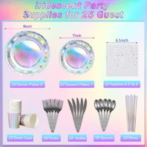 Iridescent Party Supplies Decorations, Holographic Paper Plates and Napkins Set, Disposable Iridescent Paper Plates Cups Knives Spoons Fork Straw for Mermaid Birthday Wedding Party, Serve 25