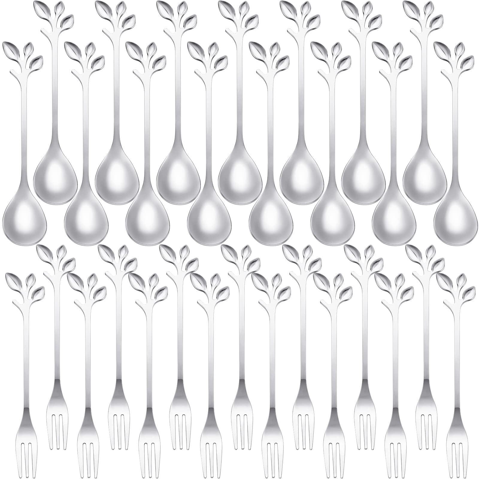 Stainless Steel Leaf Coffee Spoon and Appetizer Fork Tableware Dessert Spoon Mini Dessert Utensils Set Creative Demitasse Spoons and Forks for Stirring, Fruit, Cake, Coffee, Tea(Silver, 40 Pieces)