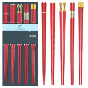 5 pairs chopsticks reusable fiberglass dishwasher safe, 9.57 inch/24.3cm matte non-slip family/ hotel/ restaurant japanese chinese chop sticks, christmas & new year gift, red&gold