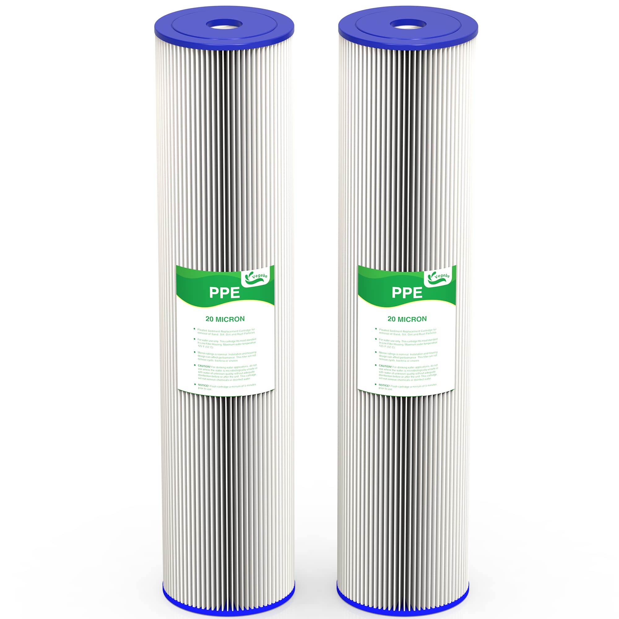 VEGEBE 20 Micron 20-Inch Whole House Water Filter Replacement Cartridge, Pleated Sediment Water Filters 4.5" x 20" for Well Water, Compatible with ECP5-20BB, R30-20BB, S1-20BB, SPC-45-2020, 2 Pack