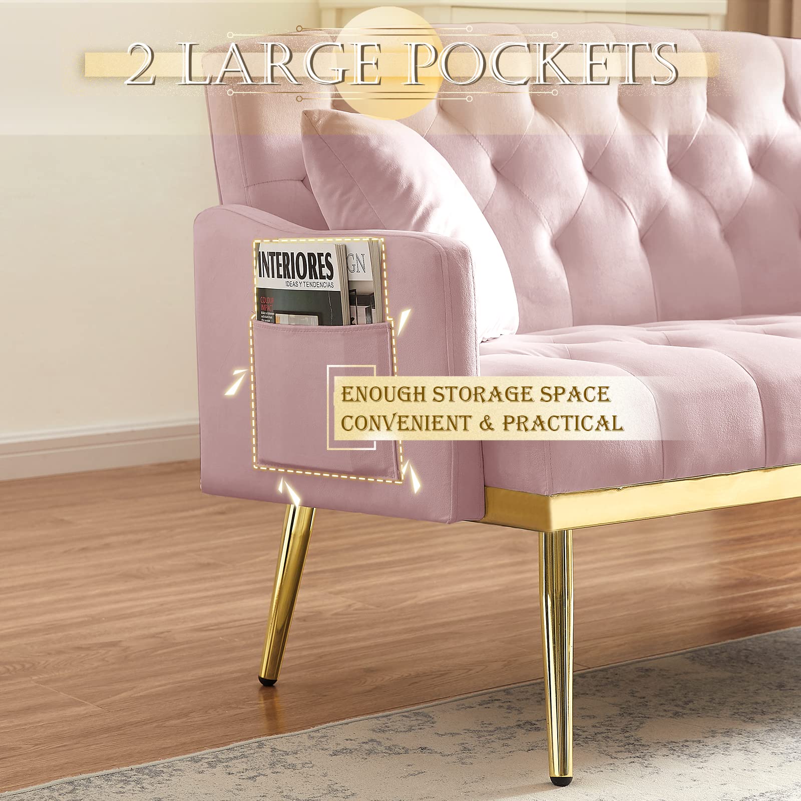 Antetek Upholstered Velvet Loveseat Sofa, Modern Small Sofa Couch with Side Pocket and Golden Metal Legs, Tufted Leisure Sofa for Living Room, Bedroom, Office, Pink