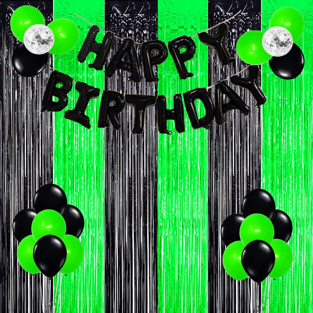 Green and Black Party Decorations, Birthday Decorations for Men Green Black Graduation Backdrop 2025 Black Green Backdrop Foil Fringe Curtains Halloween Party Photo Streamers (3 Pack)