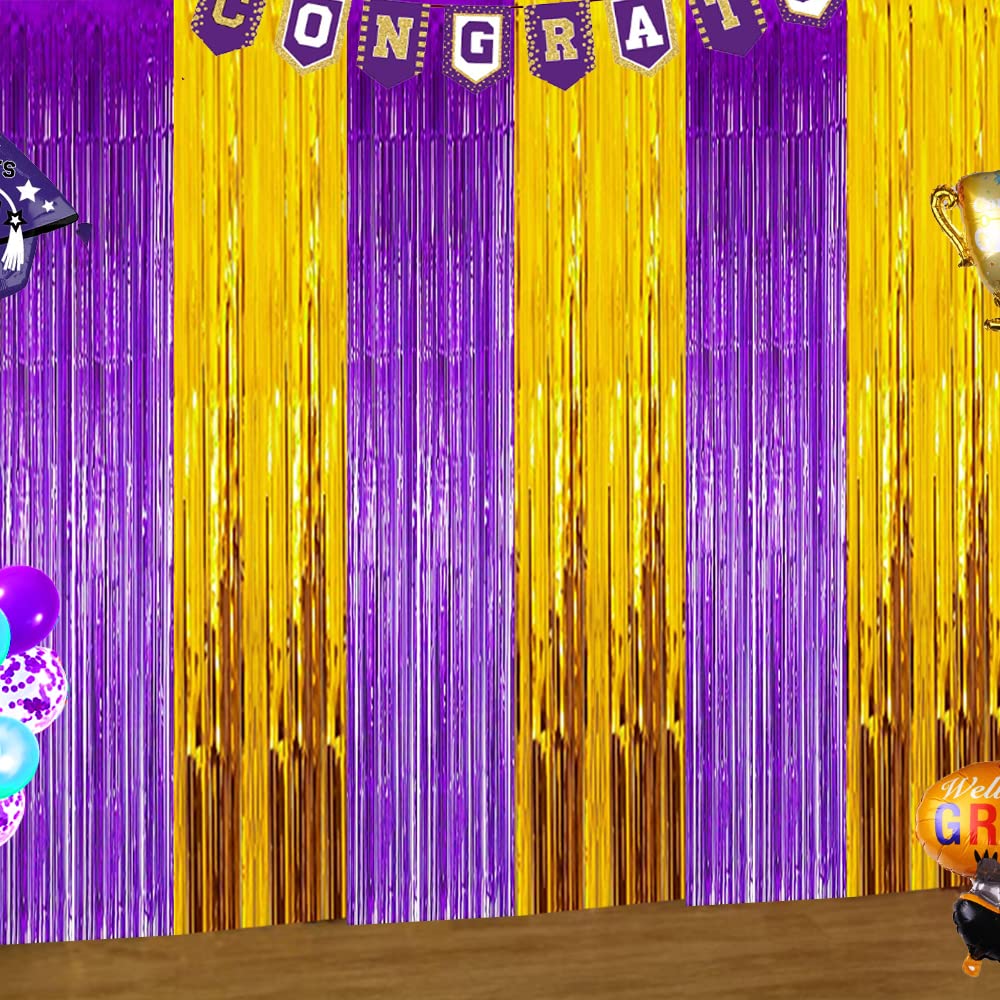 Purple and Gold Party Decoration, Purple Gold Graduation Backdrop 2025, Purple Gold Backdrop Foil Fringe Curtains Photo Streamers for Baby Shower Islamic Eid Mubarak Party Decor (3 Pack)