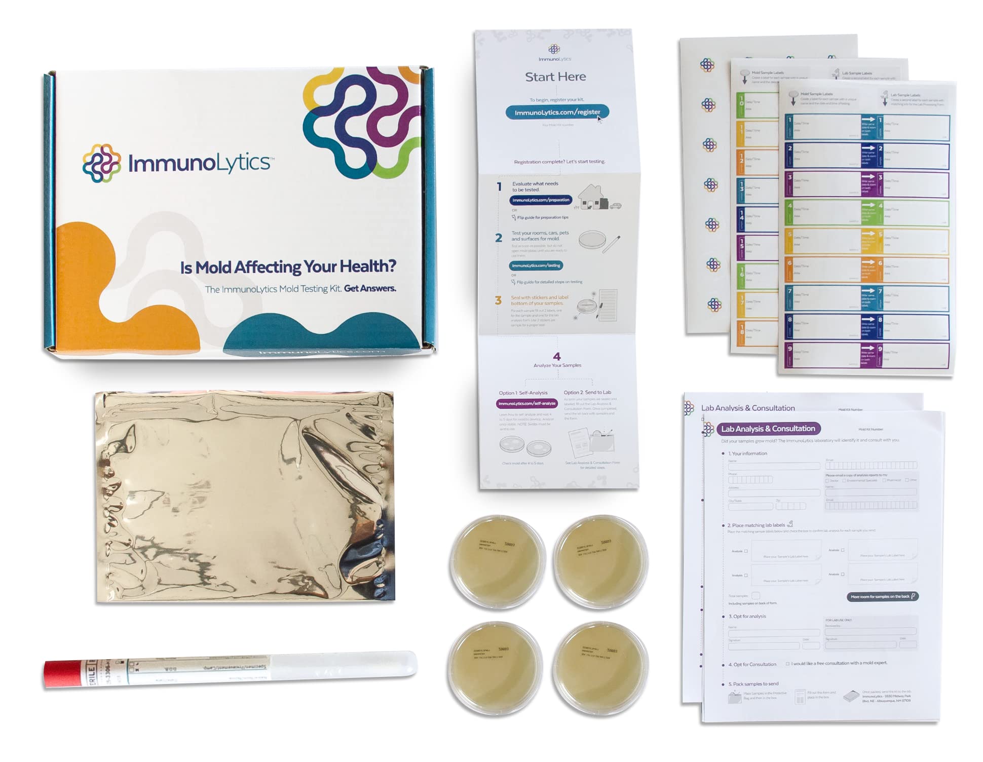 ImmunoLytics DIY Mold Test Kit for Home - Easy to Use Professional Mold Testing Kit - Individual Room Screening Package - 4 Plates and 1 Swab Kit