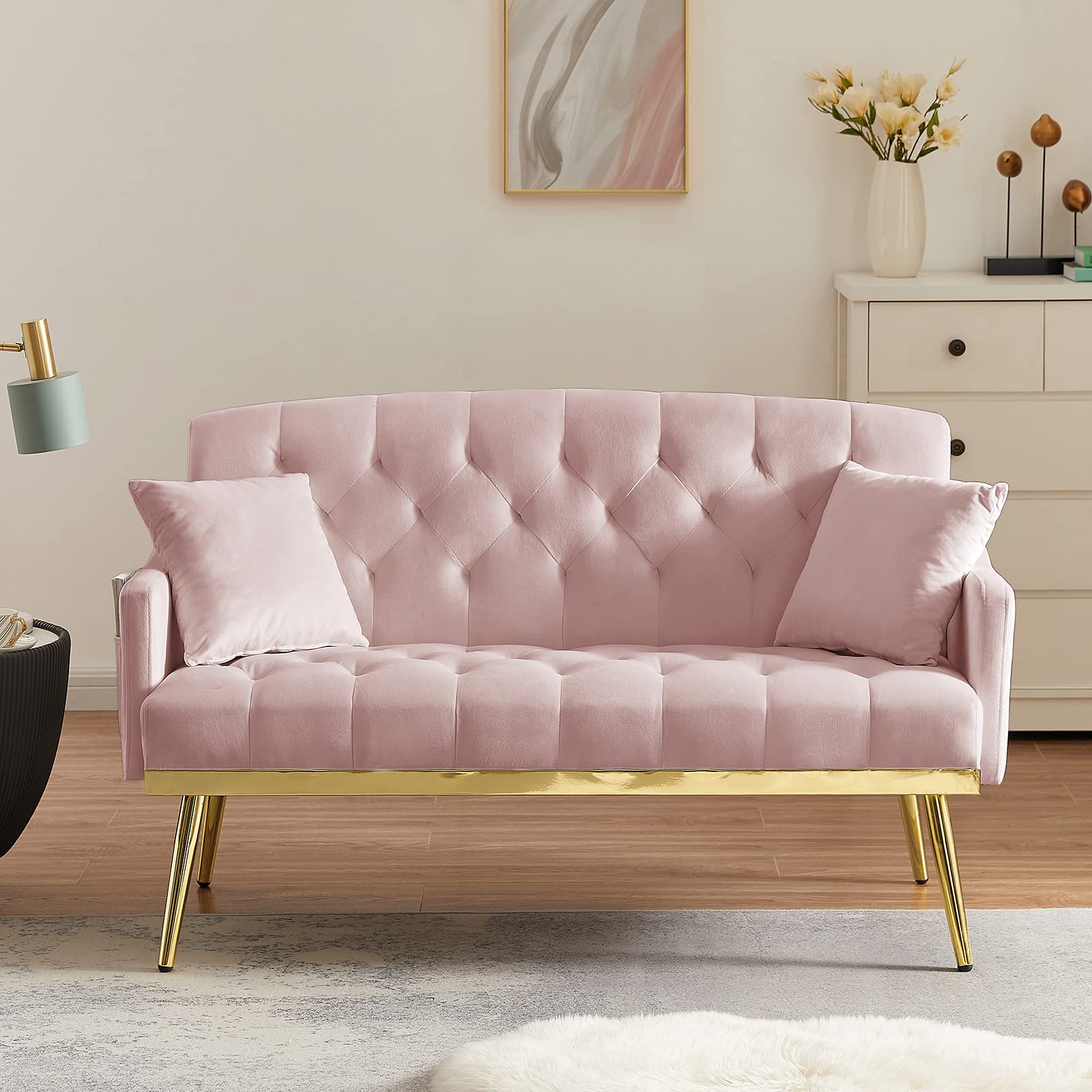 Antetek Upholstered Velvet Loveseat Sofa, Modern Small Sofa Couch with Side Pocket and Golden Metal Legs, Tufted Leisure Sofa for Living Room, Bedroom, Office, Pink