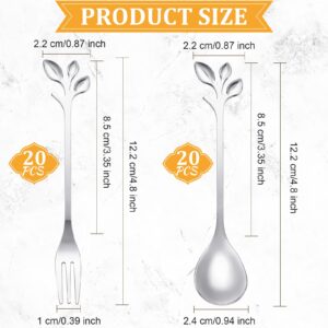 Stainless Steel Leaf Coffee Spoon and Appetizer Fork Tableware Dessert Spoon Mini Dessert Utensils Set Creative Demitasse Spoons and Forks for Stirring, Fruit, Cake, Coffee, Tea(Silver, 40 Pieces)