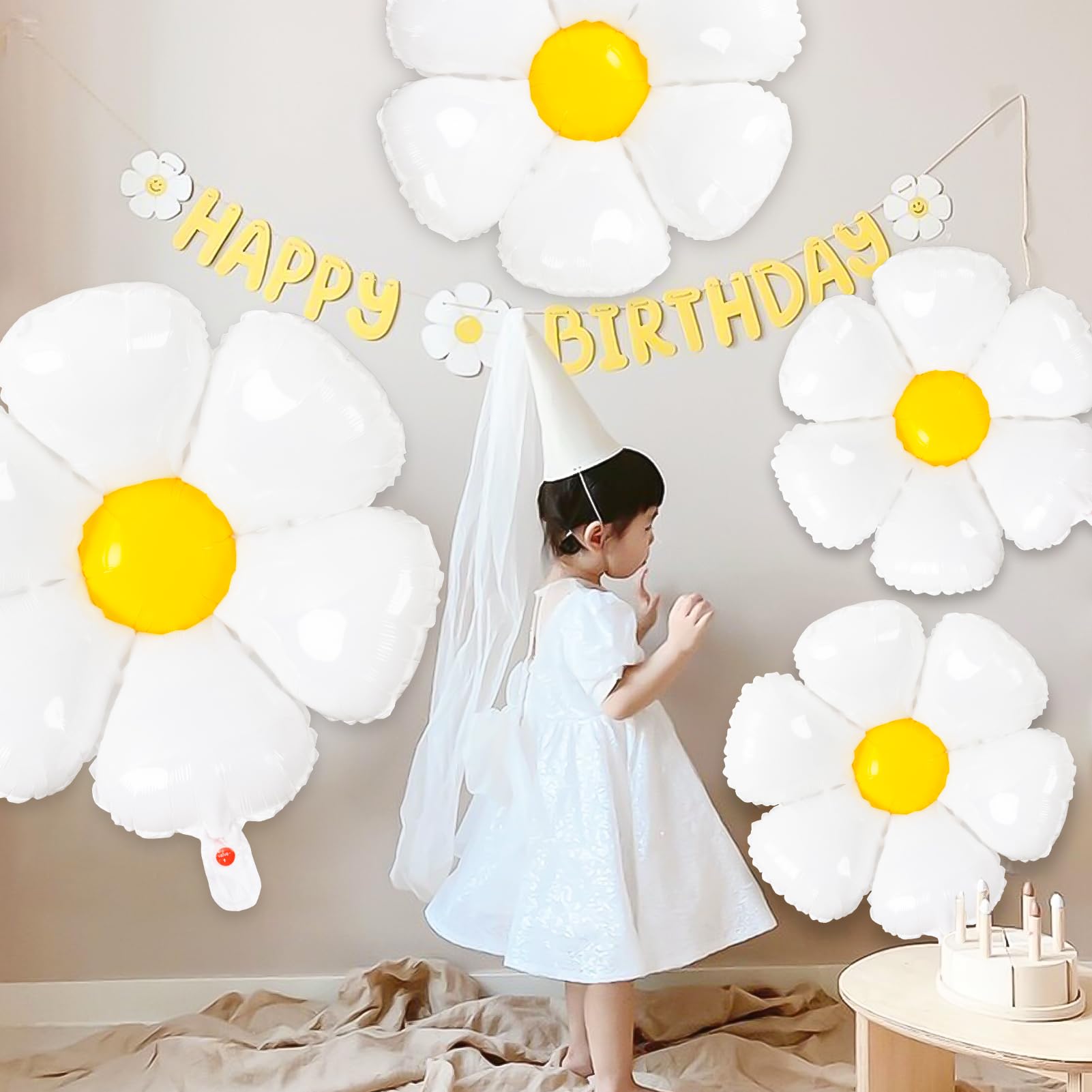 Daisy Balloons- 14Pcs Daisy Flower Foil Balloons for One or Two Groovy Party Decorations Girls Daisy Themed Birthday Party Baby Shower Wedding Daisy Balloons Decorations White