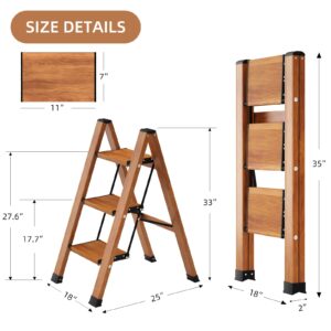 3 Step Ladder, Aluminum Lightweight Folding Step Stool Wide Anti-Slip Pedal, Multi-Functional Ladders with 330lbs Load Capacity for Household and Kitchen Space Saving,Woodgrain