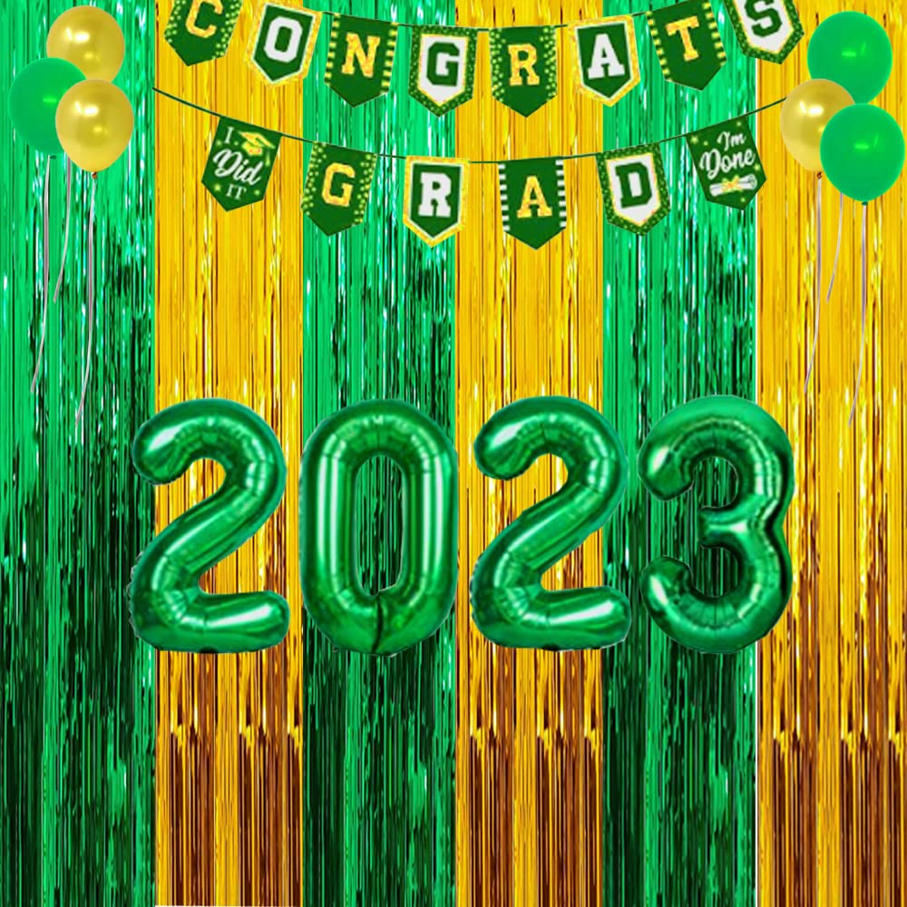 2025 Graduation Green Gold Party Decoration Foil Fringe Curtains, Green Gold Photo Booth Prop Streamer Backdrop for St. Patrick's Day Birthday Beach Party Decoration (3 Pack)