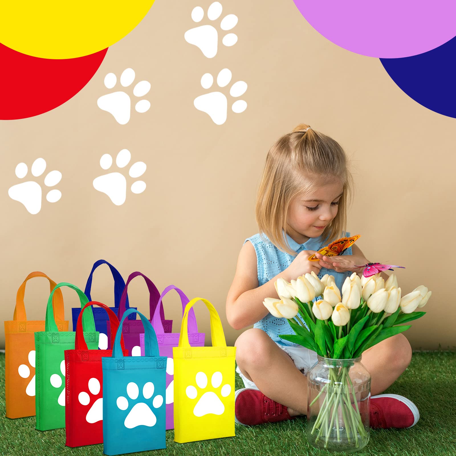 24 Pcs Paw Print Bags Paw Print Treat Bags with Handle Non Woven Cat Gift Bag Paw Goodie Bags Cat Gift Wrap Bags Reusable Paw Candy Bag for Pet Dog Birthday Party Favors Baby Shower (Simple Style)