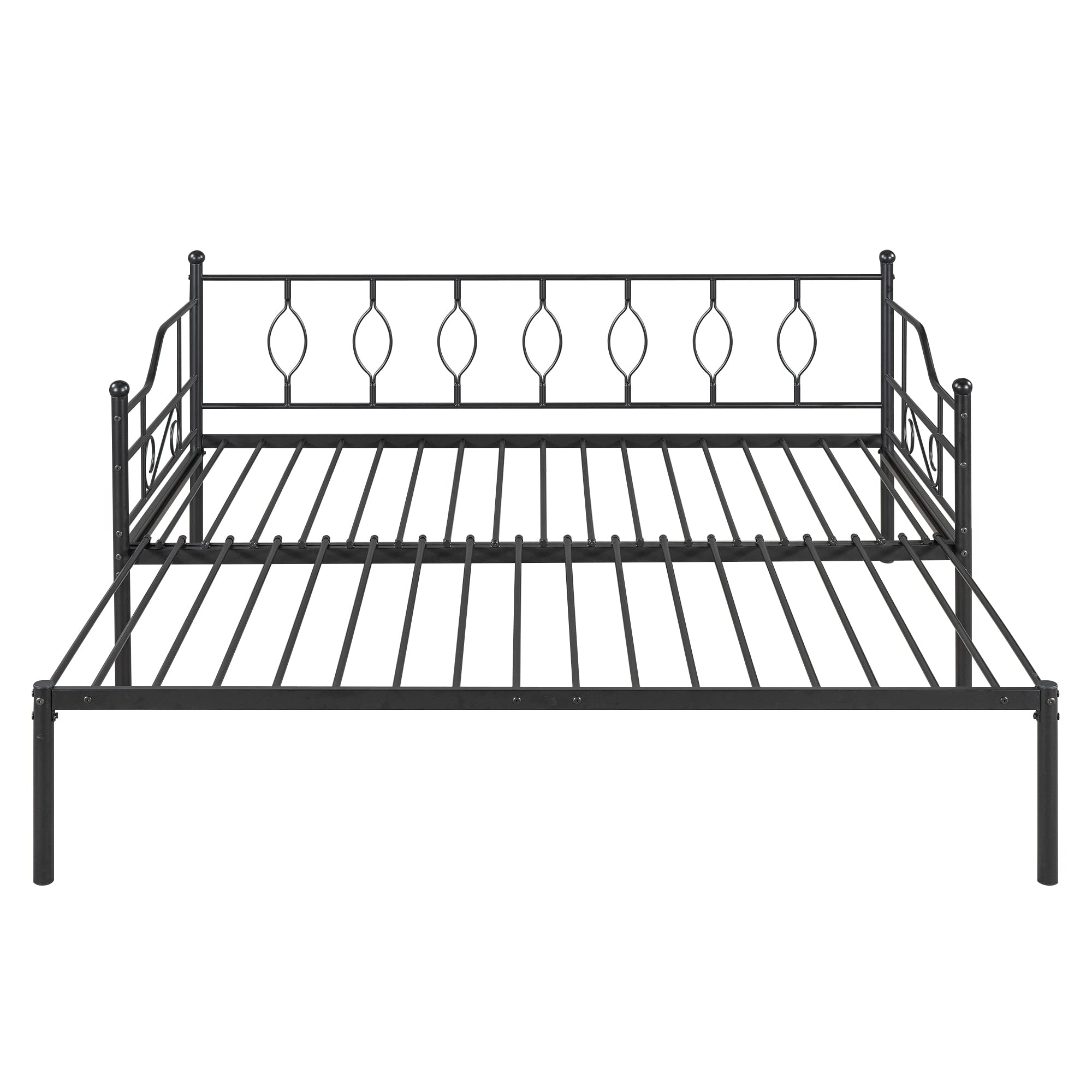 SOFTSEA Twin Size Daybed with Pop Up Trundle, Metal Daybed with Twin Size Trundle for Adults and Guests, Extendable Daybed Twin to King Size, Heavy Duty Slat Support, No Box Spring Needed (Black)