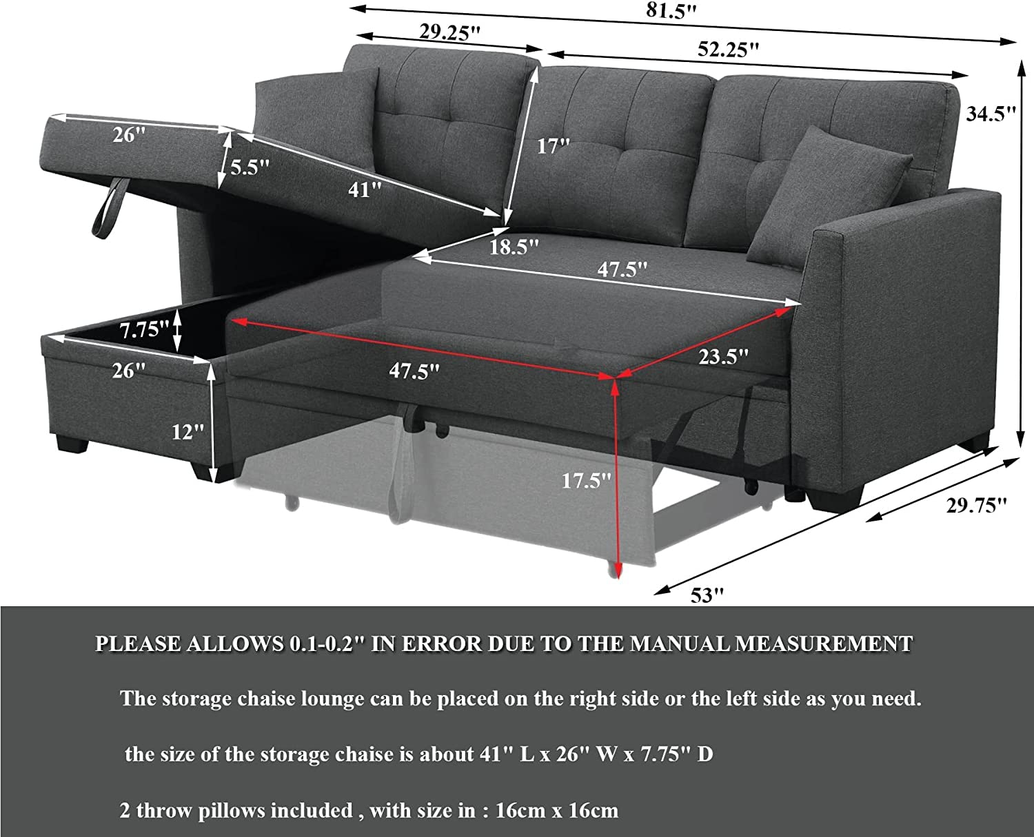 Sleeper Sofa, Sofa Bed for Living Room Grey Small Sleeper Sectional Pull Out Bed Couch