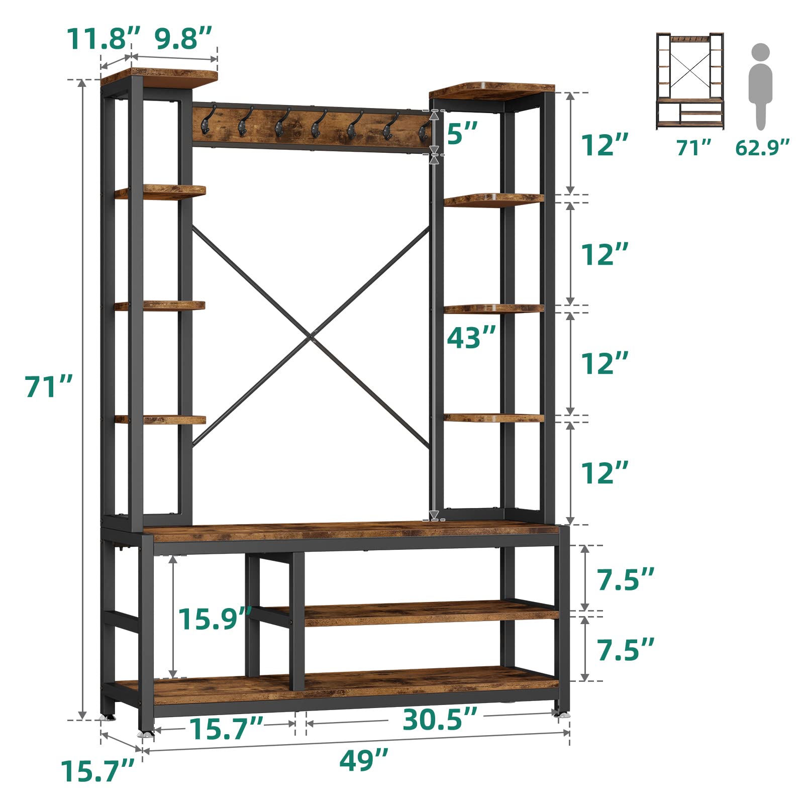 YITAHOME Entryway Hall Tree with Bench and Shoe Storage Shelves, 5-in-1 Coat Rack with Shoe Storage Bench, Industrial Mudroom Bench with Two Side Storage Shelves, for Hallway, Bedroom, Rustic Brown