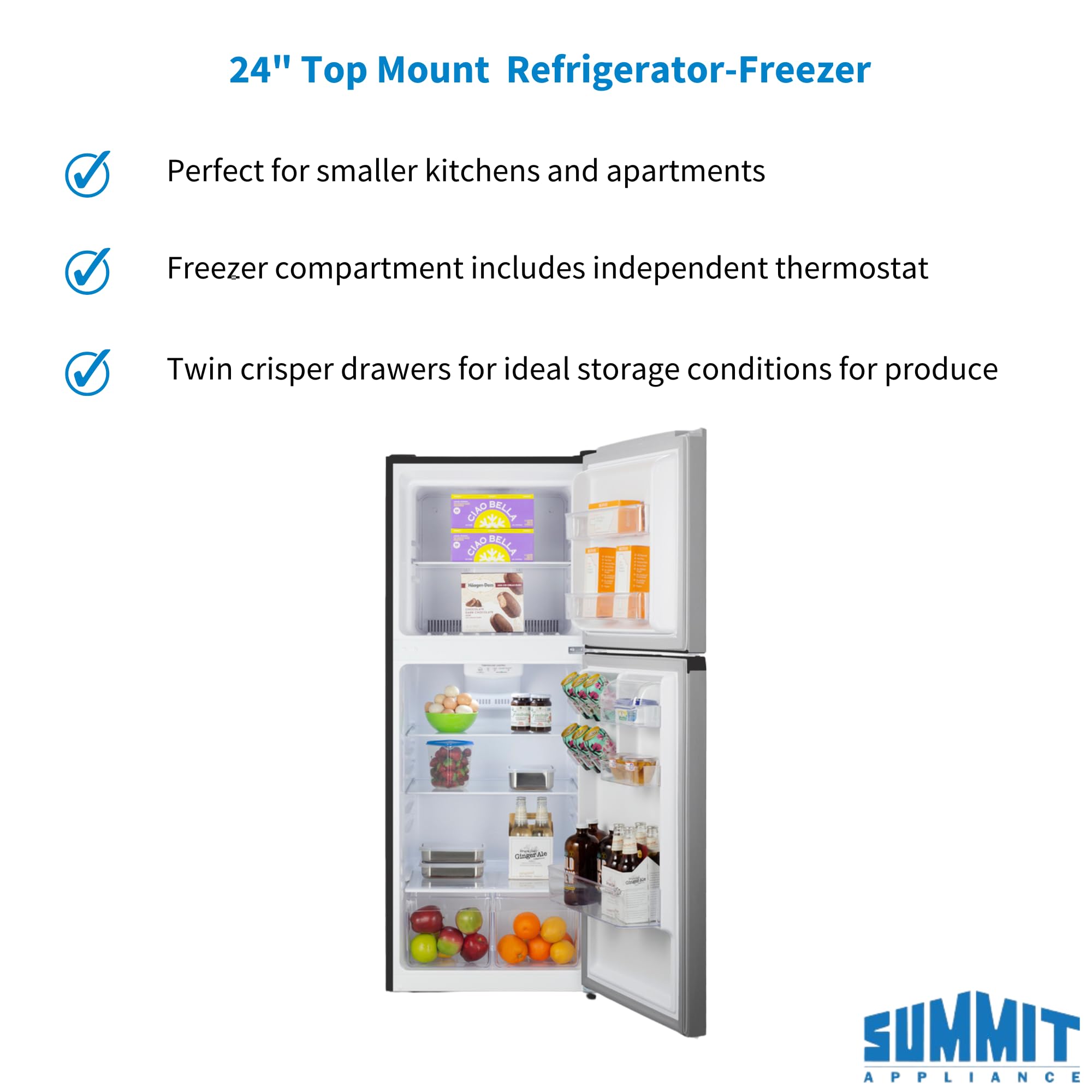 Summit FF1089PL 24” Top Mount Refrigerator-Freezer - Stainless Steel Look