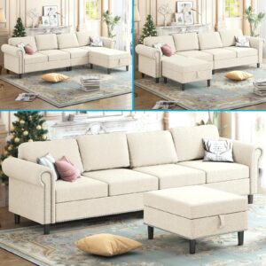 Mjkone L Shaped Sofa Couch, 4-Seat Oversized Sectional Sofa for Living Room, Convertible Modular Sofa with Storage Ottoman, Reversible Chaise with Footstool, Furniture Settee with Pouf - Beige