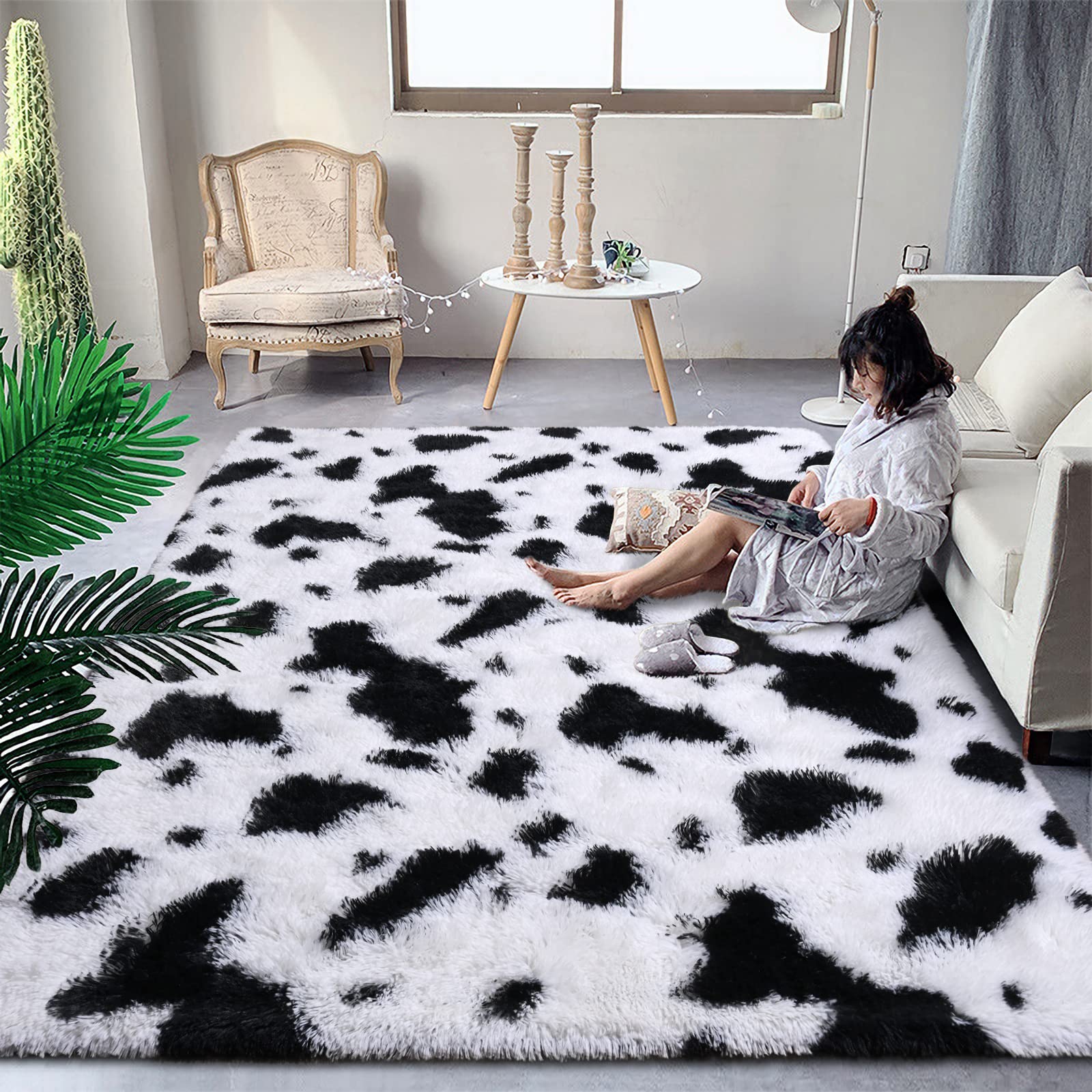 DweIke Super Soft Shaggy Rugs Fluffy Carpets, 3x5 Feet, Cow Print Rug for Living Room Bedroom, Fluffy ​Rug for Girls Kids Room, Shag Plush Rug for Teen Room Decor, Black-White