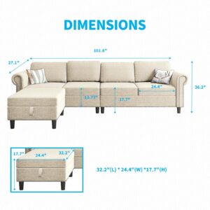 Mjkone L Shaped Sofa Couch, 4-Seat Oversized Sectional Sofa for Living Room, Convertible Modular Sofa with Storage Ottoman, Reversible Chaise with Footstool, Furniture Settee with Pouf - Beige