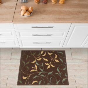 Machine Washable Leaves Design Non-Slip Rubberback 2x3 Pack of 2 Traditional Area Rug for Entryway, Bedroom, Kitchen, Bathroom, 2'3" x 3' - Pack of 2, Brown