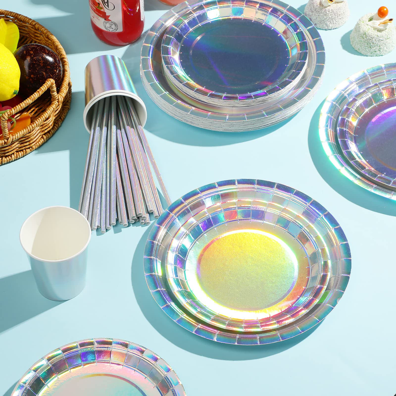 Iridescent Party Supplies Decorations, Holographic Paper Plates and Napkins Set, Disposable Iridescent Paper Plates Cups Knives Spoons Fork Straw for Mermaid Birthday Wedding Party, Serve 25