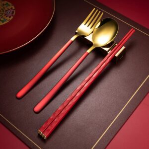 5 Pairs Chopsticks Reusable Fiberglass Dishwasher Safe, 9.57 inch/24.3cm Matte Non-Slip Family/ Hotel/ Restaurant Japanese Chinese Chop Sticks, Christmas & New Year Gift, Red&Gold