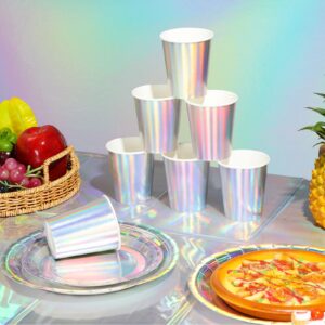 Iridescent Party Supplies Decorations, Holographic Paper Plates and Napkins Set, Disposable Iridescent Paper Plates Cups Knives Spoons Fork Straw for Mermaid Birthday Wedding Party, Serve 25