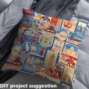 Travel Themed Fabric by The Yard World Urban Landscape Decorative Fabric for Sewing Lovers Cartoon City Building Retro Plaid Fabric for DIY Outdoor Indoor Furnishing Hobby 1 Yard