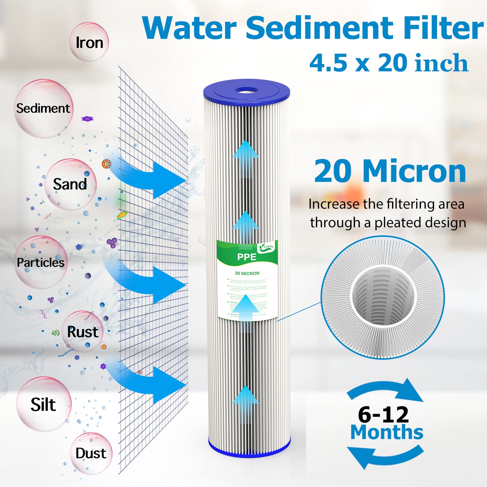 VEGEBE 20 Micron 20-Inch Whole House Water Filter Replacement Cartridge, Pleated Sediment Water Filters 4.5" x 20" for Well Water, Compatible with ECP5-20BB, R30-20BB, S1-20BB, SPC-45-2020, 2 Pack