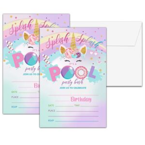 chuxvon birthday party invitations, splash birthday invitations, rainbow unicorn themed fill in invites, summer swimming pool birthday party supplies decorations, 20 cards with 20 envelopes(b11)