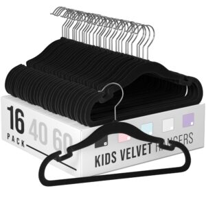 velvet baby hangers for clothes - heavy duty non slip velvet kids hangers or toddler hangers for closet | ultra thin design kid hangers for space saving - ganchos de ropa para bebe (16 pack black)