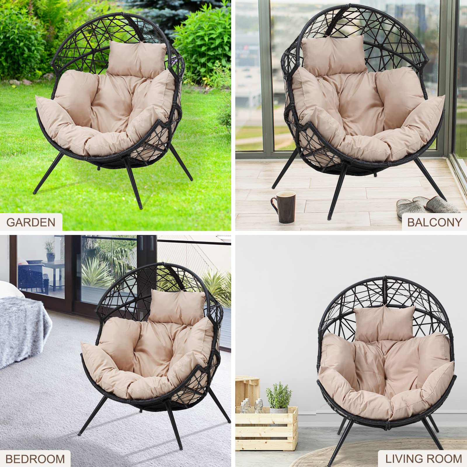 GOOGIC Patio Wicker Egg Chair,Outdoor Egg Chair with Cushion,Oversized Indoor Outdoor Egg Basket Lounge Chair for Patio, Backyard,Living Room,Garden,Steel Frame - Beige