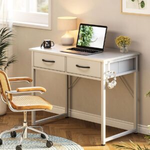 ODK Small Desk with Fabric Drawers- for Bedroom, White Vanity Desk with Storage, Home Office Computer Desk for Small Spaces, 32 Inch Modern Work Writing Study Table, White