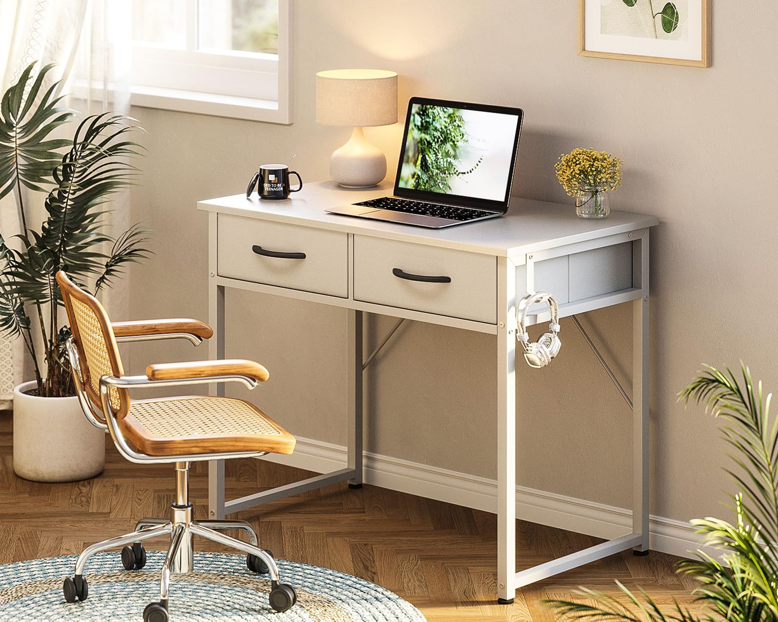 ODK Small Desk with Fabric Drawers- for Bedroom, White Vanity Desk with Storage, Home Office Computer Desk for Small Spaces, 32 Inch Modern Work Writing Study Table, White