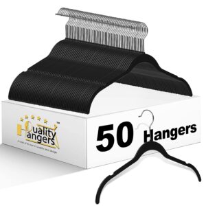 quality hangers 50 pack - heavy duty anti rust plastic clothes hangers, space saving closet hangers with chrome swivel hook, functional non-flocked hangers, black