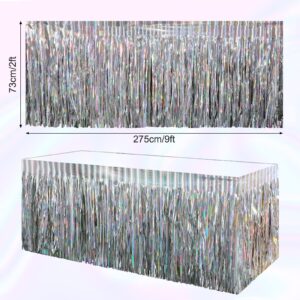 2 Pack Iridescent Table Skirt, Metallic Foil Fringe Tinsel Table Skirts for Rectangle Tables, Disposable Laser Rainbow Table Skirt Iridescent Party Decorations for Birthday Wedding Holiday, 29x108Inch