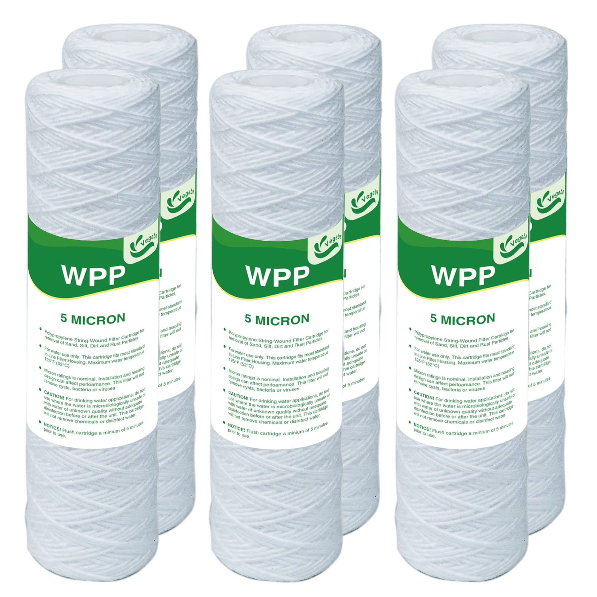 VEGEBE 5 Micron String Wound Whole House Water Filter 10" x 2.5", 10-inch Universal Sediment Pre-Filters for Well Water, Replacement Cartridge for FXWSC, CW-F, CW-MF, 1SS, W5W, AO-WH-PRE-R2, 6-Pack