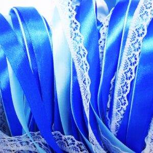 100 Pack Blue Lace Wedding Ribbon Wands Streamers with Bells Silk Fairy Wands Sticks Wedding Exit Ribbon for Party Activities Bridal Shower Send Off Holiday Celebration