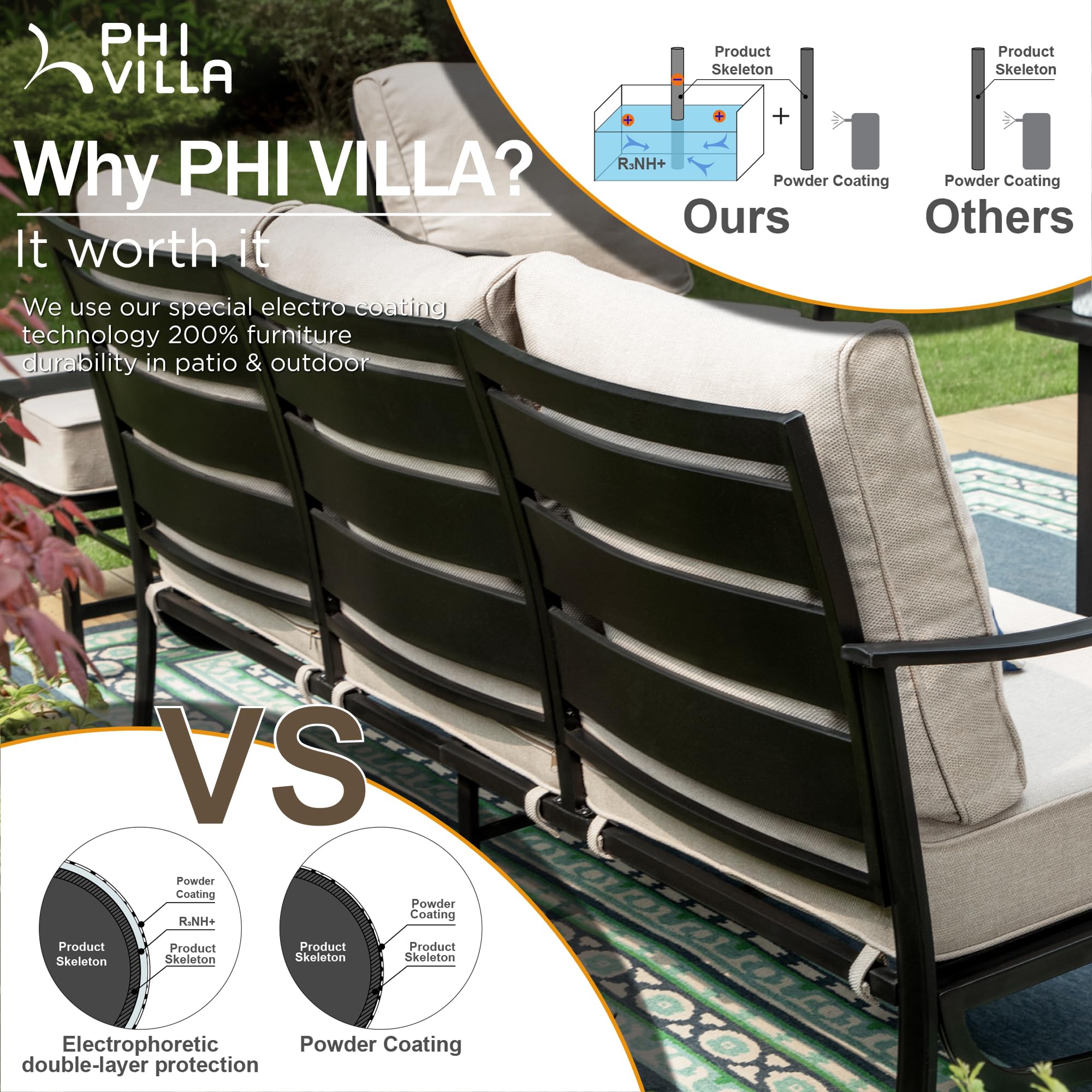 PHI VILLA 4 Pcs Patio Furniture Set with 1 x 3 Seater Padded Deep Seating Bench, 2 Cushioned C-Base Sofa Chairs and 1 Metal Coffee Table, Outdoor Deluxe Conversation Set with 5 Seat for Outside