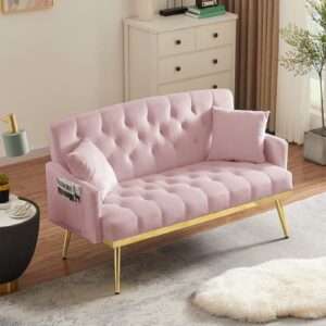 Antetek Upholstered Velvet Loveseat Sofa, Modern Small Sofa Couch with Side Pocket and Golden Metal Legs, Tufted Leisure Sofa for Living Room, Bedroom, Office, Pink